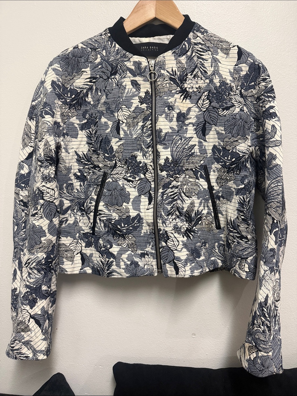 Zara Navy & White Floral Quilted Bomber Jacket